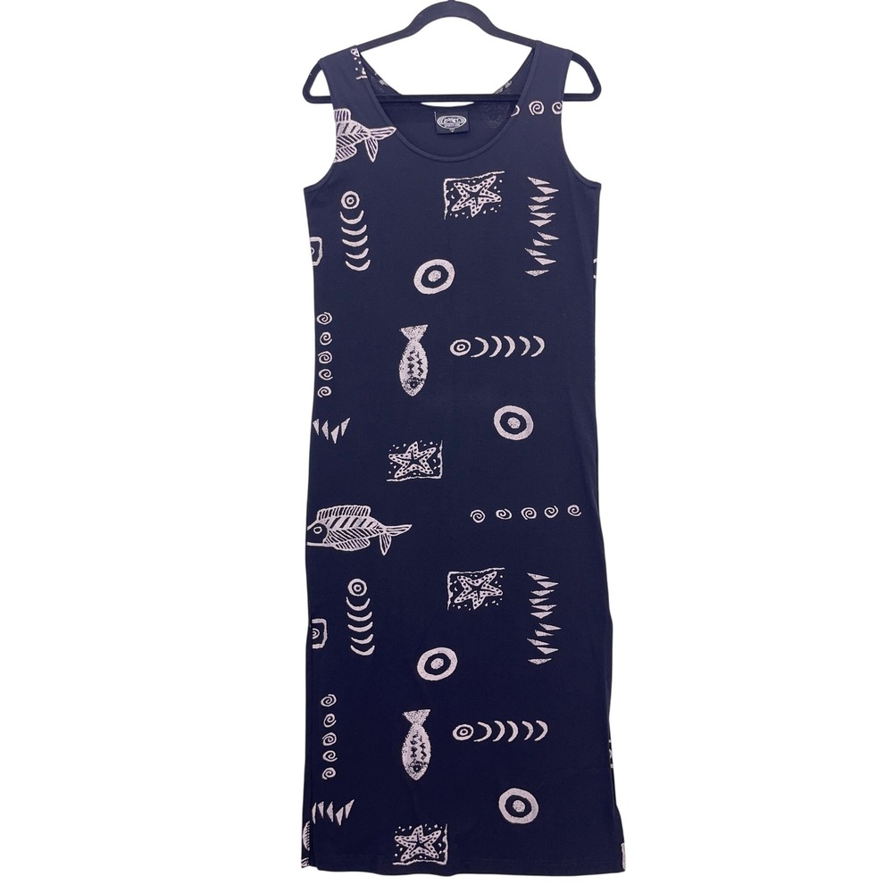 Exist Black Nautical Fish Print Sleeveless Maxi Dress S Side Slit Cotton Blend